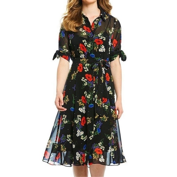 Calvin Klein Dresses & Skirts - New Calvin Klein Midi Chiffon Shirt Dress Tie Sleeve Floral Print w/ Belt Size 6
